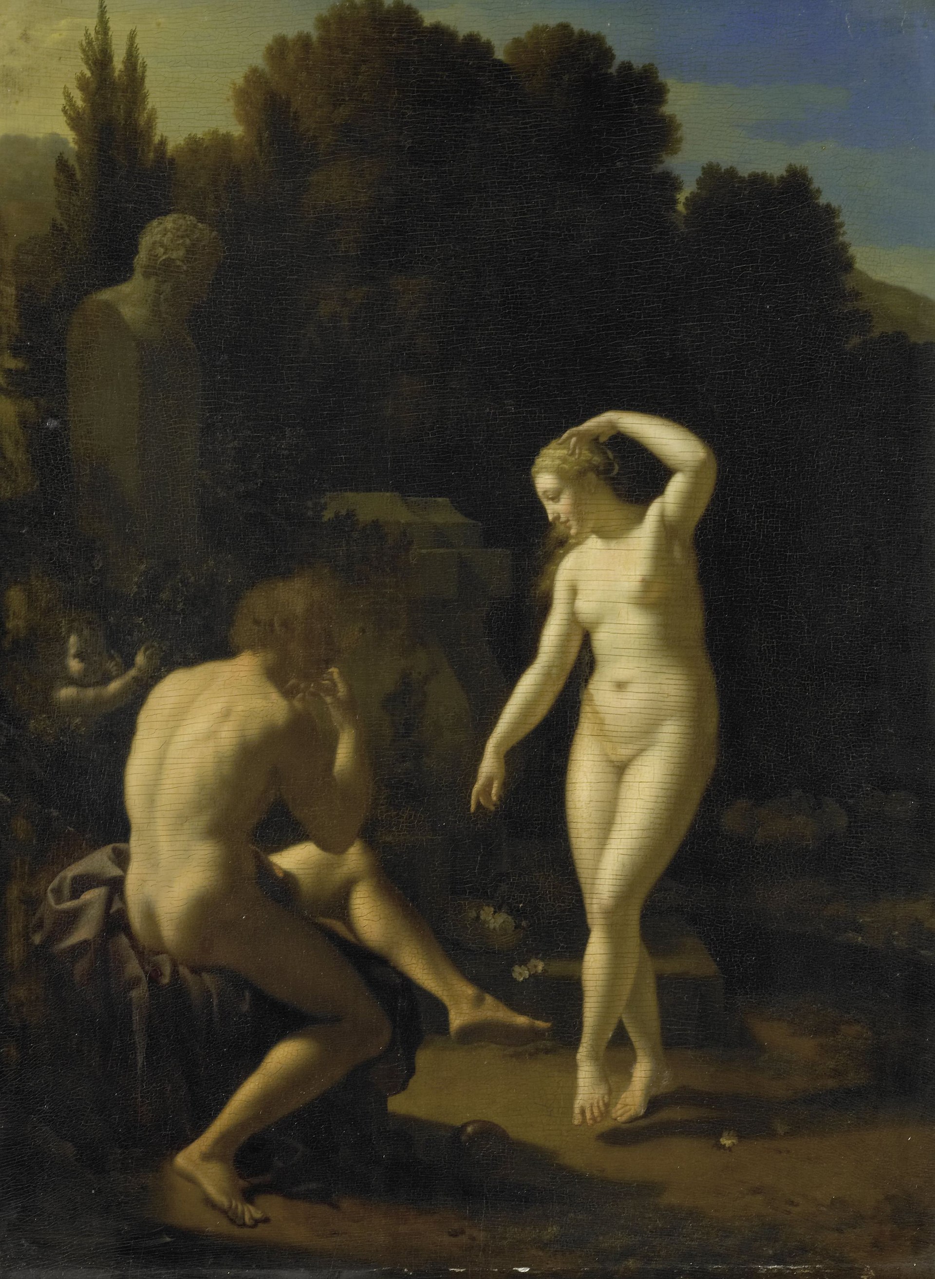 Imagem de referência de Uma ninfa dançando para um pastor tocador de flauta, descrito nos dados abertos como pintura de Adriaen van der Werff