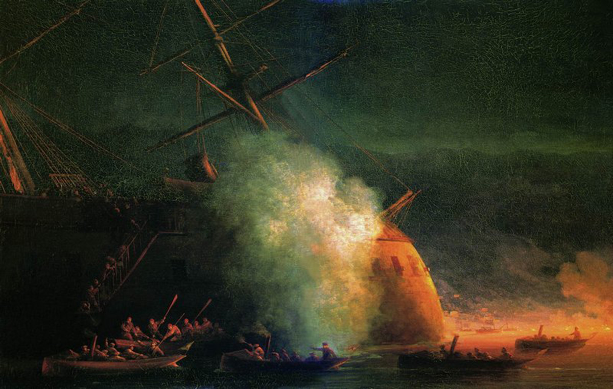 Imagem de referência de Ataque à mina por barcos do navio a vapor Grão-duque Konstantin do encouraçado turco Assari-Shevket no ancoradouro de Sukhum em 12 de agosto de 1877, descrito nos dados abertos como pintura de Ivan Konstantinovich Aivazovskii