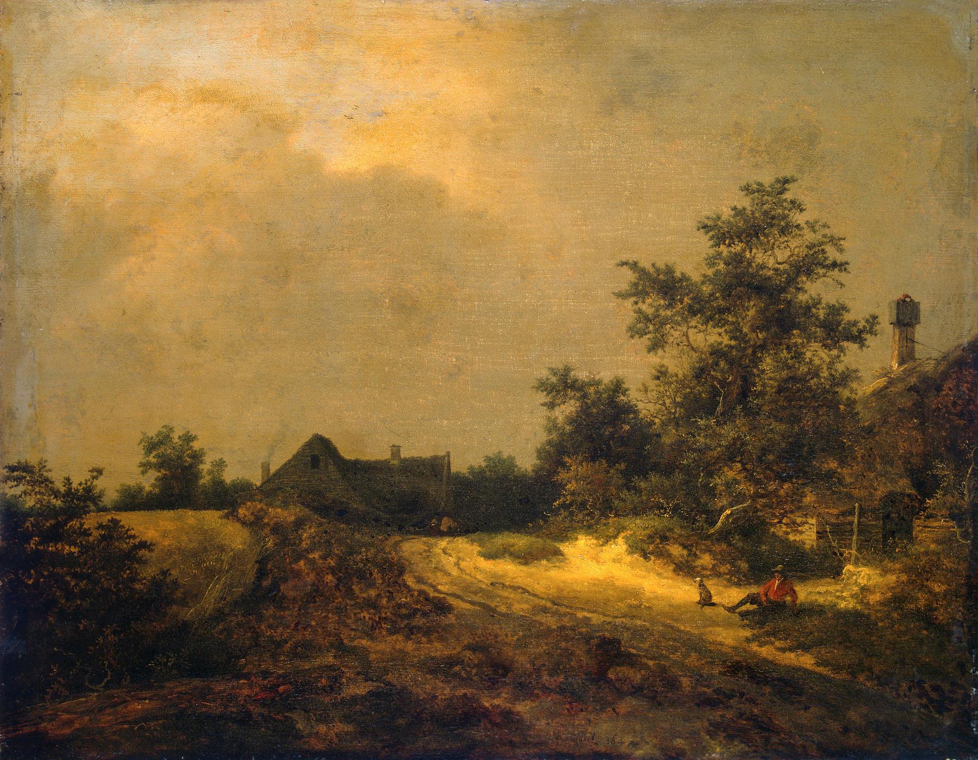 Imagem de referência de Paisagem com casas e um caminho de areia, descrito nos dados abertos como pintura de Jacob van Ruisdael