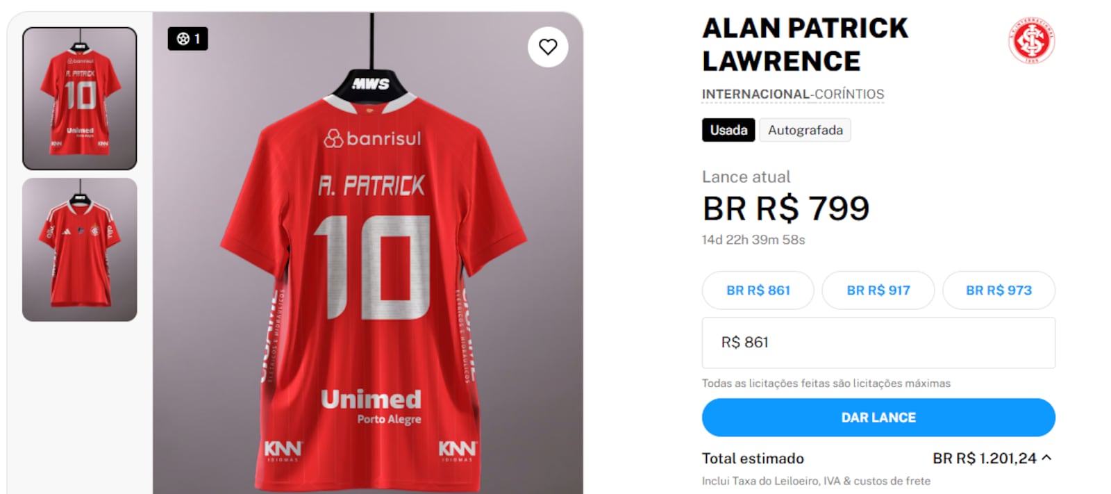 Leilão arrecada R$ 800 em menos de 24 horas no ar Reprodução/MatchWornShirt