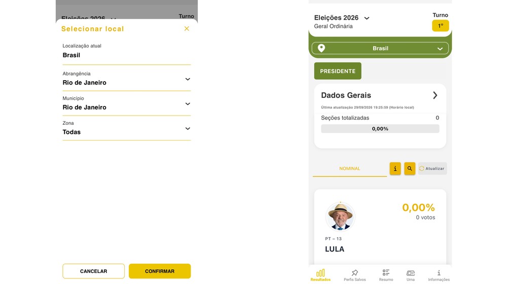 App permite escolher o local da consulta e conferir os votos recebidos pelos candidatos ā Foto: Reprodução/Resultados