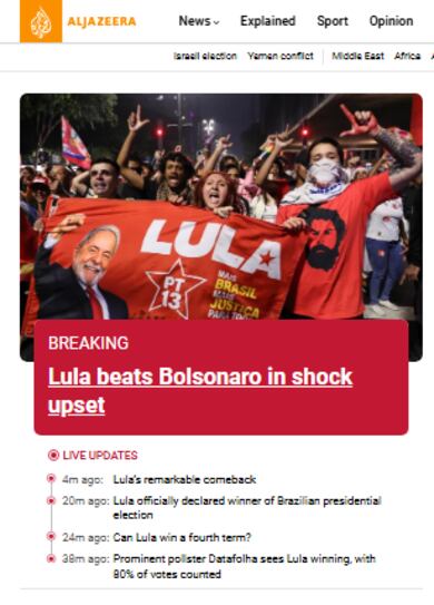 Virada inédita de Lula vira manchete pelo mundo; jornais destacam dia caótico de eleição