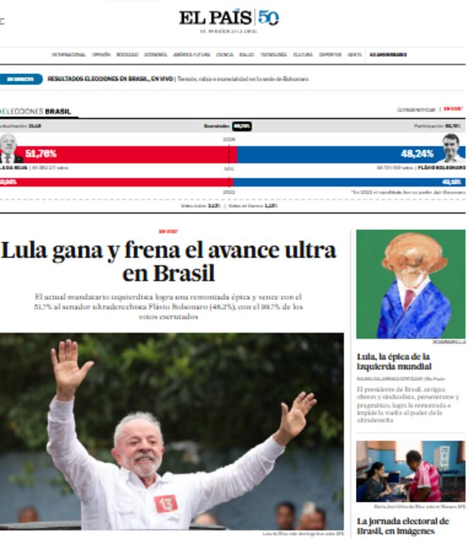Virada inédita de Lula vira manchete pelo mundo; jornais destacam dia caótico de eleição