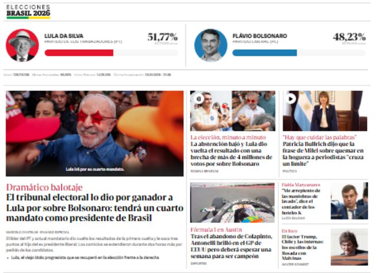 Virada inédita de Lula vira manchete pelo mundo; jornais destacam dia caótico de eleição