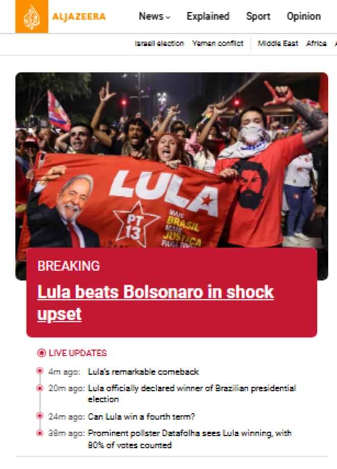 Virada inédita de Lula vira manchete pelo mundo; jornais destacam dia caótico de eleição