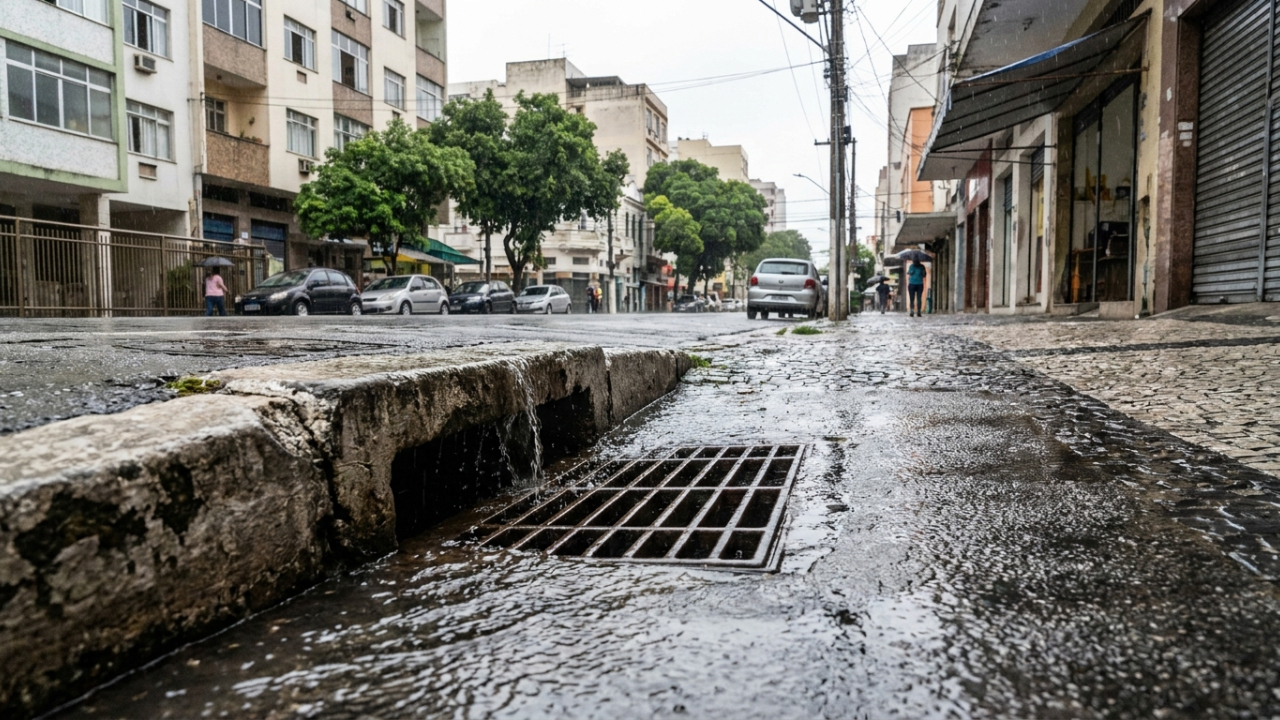 O bueiro na esquina parece uma peça pequena da cidade, mas sua ausência aparece no Censo porque ele faz parte de uma rede que decide para onde a chuva vai quando encontra o asfalto