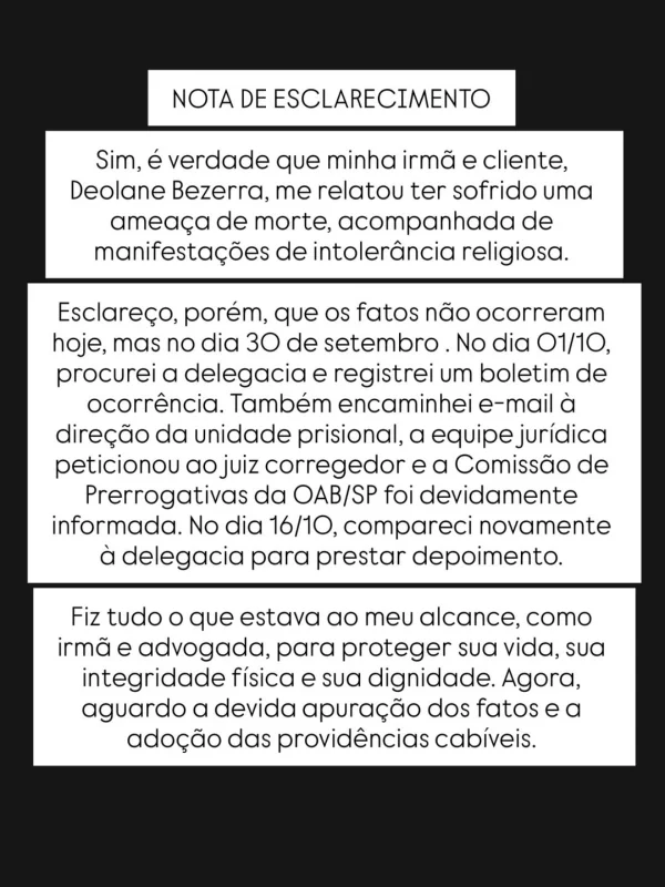 Daniele Bezerra confirma ameaça de morte contra Deolane